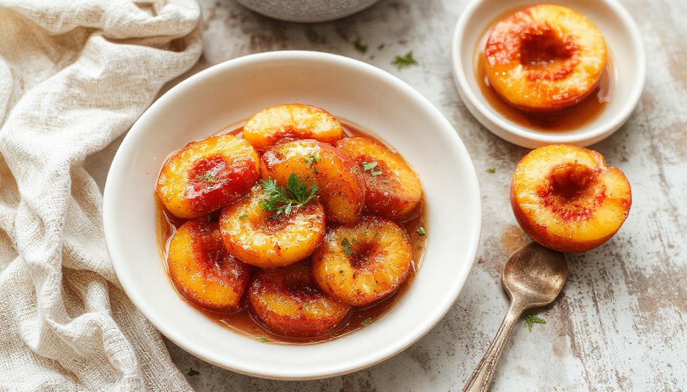 A vibrant image of sliced, golden-brown roasted peaches topped with a drizzle of honey and a sprig of mint, arranged on a white ceramic plate. The peaches are caramelized, with visible grill marks and juicy textures, set against a blurred summer outdoor background.