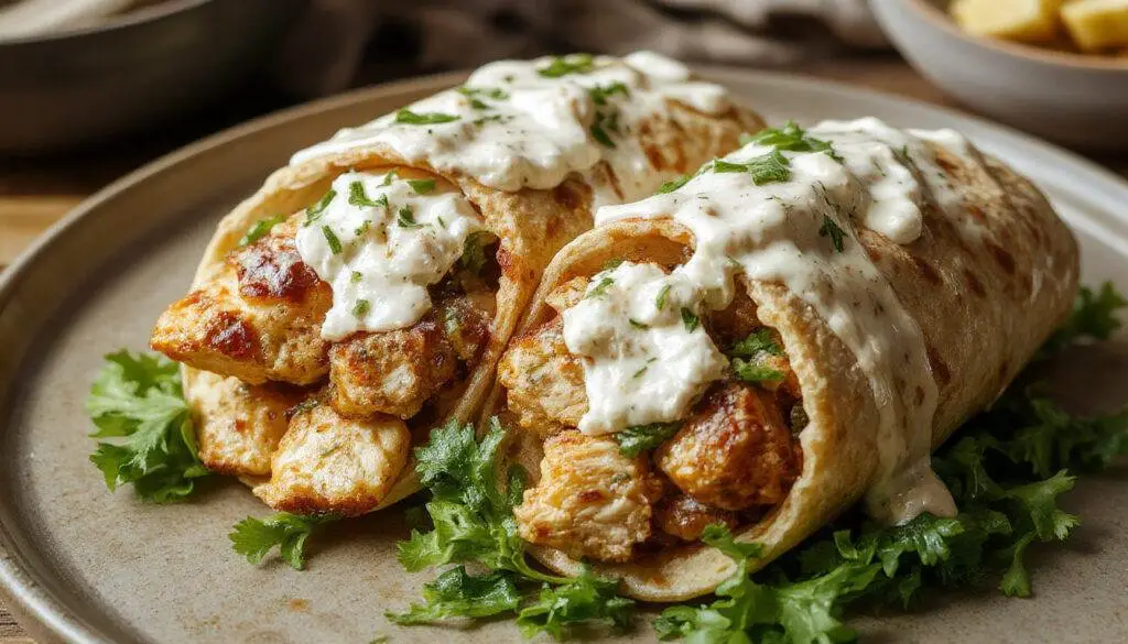A close-up of a vibrant Mediterranean chicken gyro wrapped in warm flatbread, topped with creamy white feta tzatziki, fresh lettuce, tomatoes, and red onions, garnished with herbs. The gyro is partially unwrapped, showcasing juicy grilled chicken slices and colorful vegetables inside.