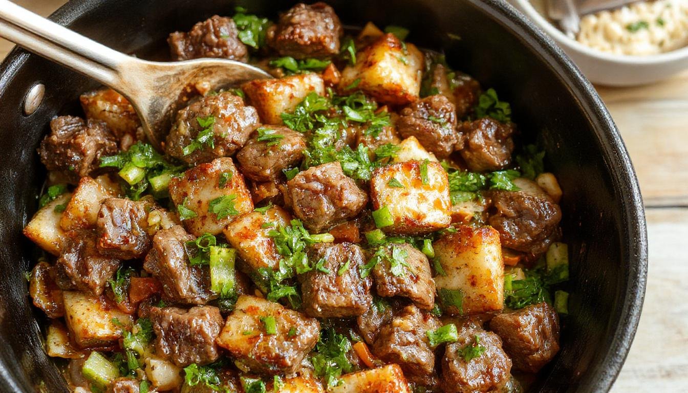 A vibrant bowl of Korean ground beef stir-fry showcasing cooked ground beef coated in a glossy, savory sauce, garnished with sliced green onions and sesame seeds. The dish is beautifully plated in a rustic ceramic bowl, with a side of steamed rice and colorful vegetables peeking from the background. The textures look tender and flavorful, highlighting the glossy sauce and fresh garnishes.