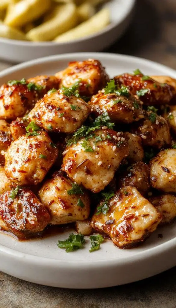 A plate ofHealthy Sesame Chicken garnished with sesame seeds and green onions, served with steamed rice and fresh vegetables.
