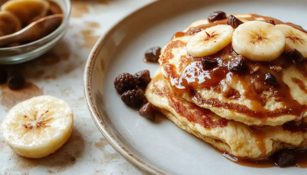 A stack of golden-brown banana pancakes topped with sliced bananas and a drizzle of maple syrup, served on a clean white plate with a few fresh banana slices on the side, against a light, neutral background. The pancakes have a fluffy texture with visible banana chunks inside and a slight crispiness around the edges.