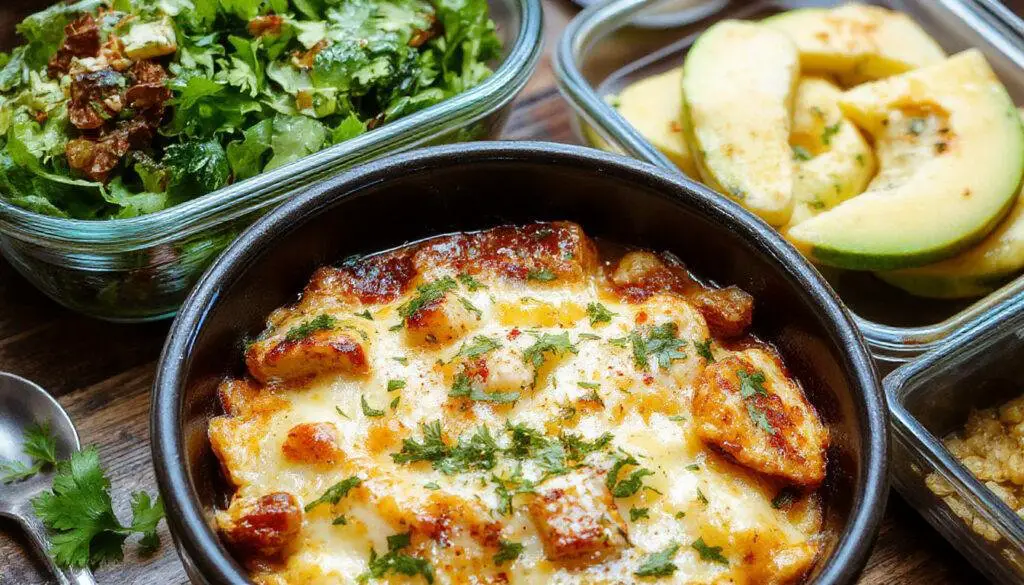 A square slice of the chicken burrito casserole on a white plate, showcasing a golden-brown top with melted cheese, colorful fillings of chicken, beans, and vegetables visible inside, garnished with fresh cilantro and lime wedges, with a rustic wooden table background.