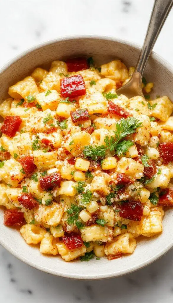 Colorful bowl of Healthy Street Corn Pasta Salad with vibrant corn, pasta, fresh herbs, and crumbled cheese garnished with lime wedges.