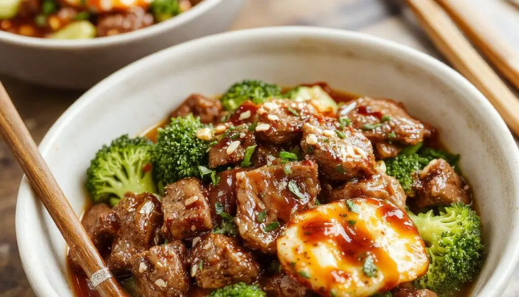 A bowl filled with stir-fried ground beef glazed with shiny teriyaki sauce, topped with crispy steamed broccoli florets, garnished with sesame seeds and chopped green onions, presented on a rustic wooden surface.