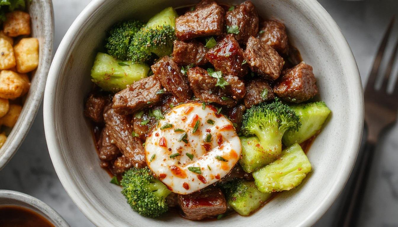 A bowl featuring tender ground beef glazed in shiny teriyaki sauce, nestled among bright green broccoli florets, garnished with sesame seeds and sliced green onions. The dish is presented on a rustic wooden table with a side of steamed rice visible in the background, showcasing a vibrant and appetizing meal.