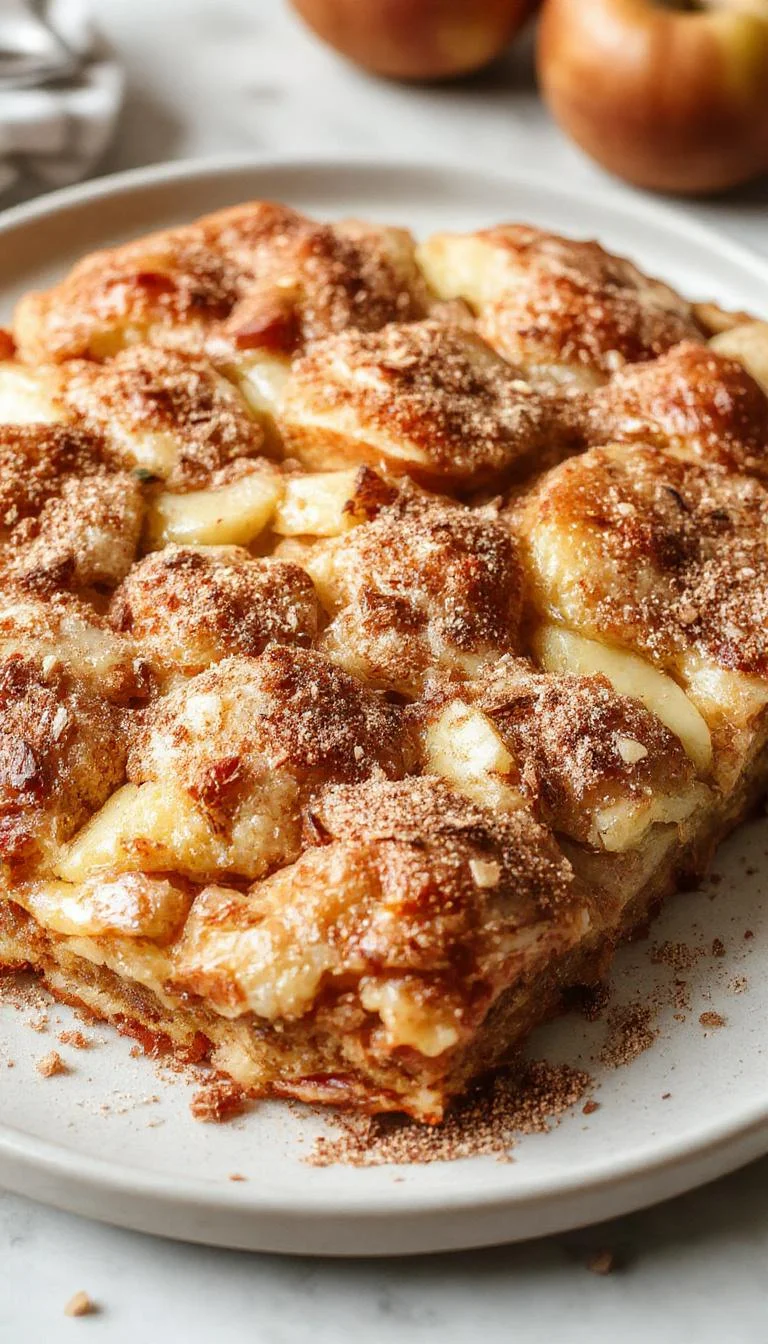 A delicious heartwarming apple cinnamon sheet cake on a platter, topped with cinnamon sugar and fresh apple slices, ready to serve.