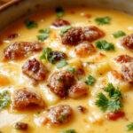 A steaming bowl of creamy taco soup topped with melted cheese, fresh cilantro, and diced tomatoes. The soup has a rich, smooth texture with visible ground beef, beans, and corn, served in a rustic bowl with a spoon on a wooden table, garnished with herbs and cheese for a cozy, inviting presentation.
