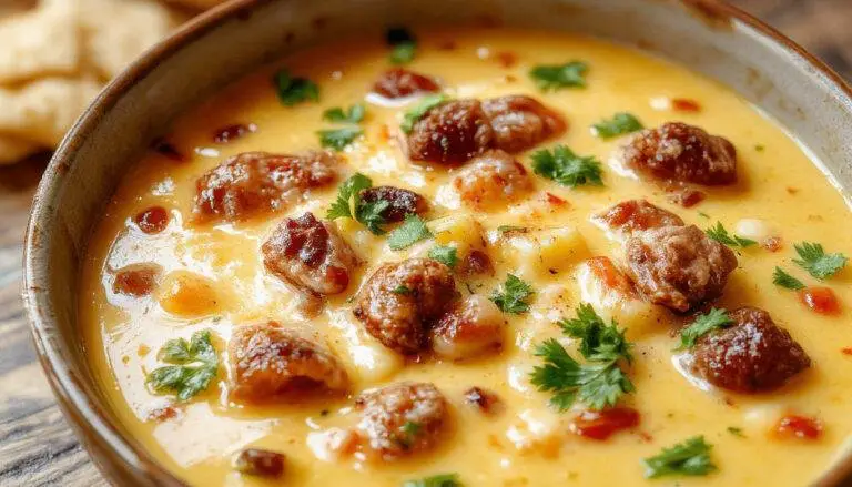 A steaming bowl of creamy taco soup topped with melted cheese, fresh cilantro, and diced tomatoes. The soup has a rich, smooth texture with visible ground beef, beans, and corn, served in a rustic bowl with a spoon on a wooden table, garnished with herbs and cheese for a cozy, inviting presentation.