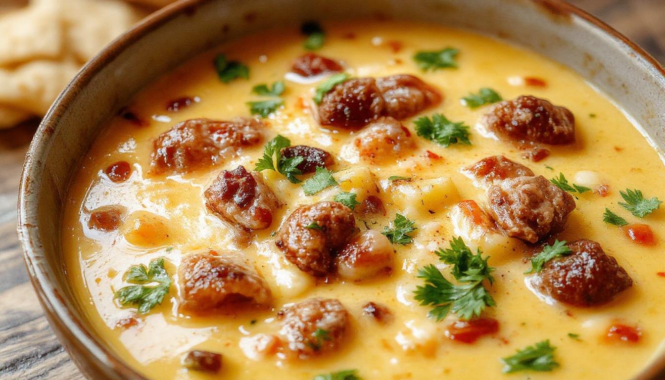 A steaming bowl of creamy taco soup topped with melted cheese, fresh cilantro, and diced tomatoes. The soup has a rich, smooth texture with visible ground beef, beans, and corn, served in a rustic bowl with a spoon on a wooden table, garnished with herbs and cheese for a cozy, inviting presentation.