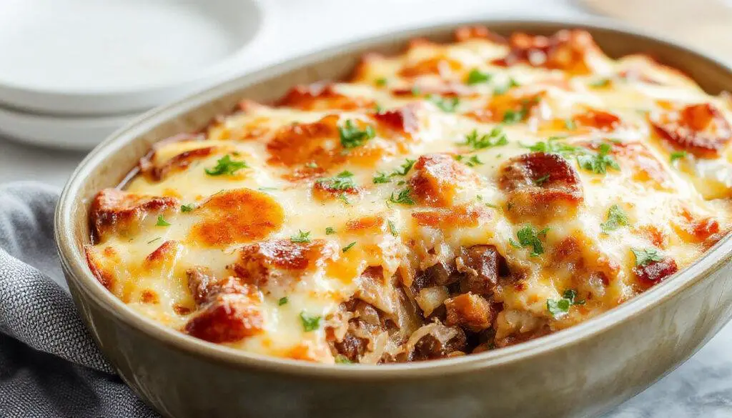A close-up of a golden-brown casserole topped with melted cheese, sliced green bell peppers, and tender beef strips, served in a rustic baking dish with a slice lifted, revealing layers of cheesy beef and colorful vegetables.