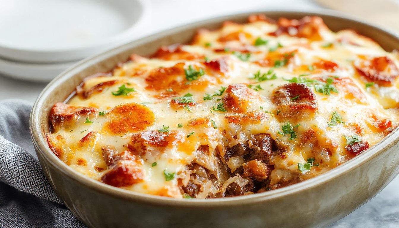 A close-up of a golden-brown casserole topped with melted cheese, sliced green bell peppers, and tender beef strips, served in a rustic baking dish with a slice lifted, revealing layers of cheesy beef and colorful vegetables.