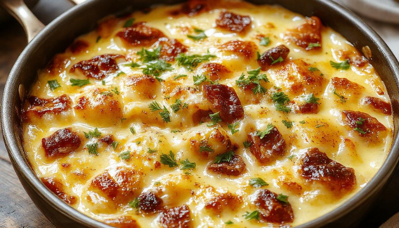 A hearty one-pan casserole with golden-brown roasted potatoes, tender ground beef, melted cheese bubbling on top, garnished with fresh herbs, served in a rustic dish.