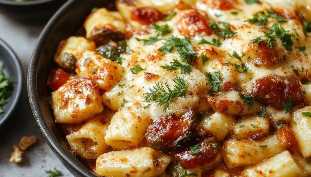 A golden-brown baked pasta dish topped with melted cheese and vibrant roasted vegetables like zucchini, bell peppers, and cherry tomatoes, served in a rustic ceramic dish with a fork on the side.