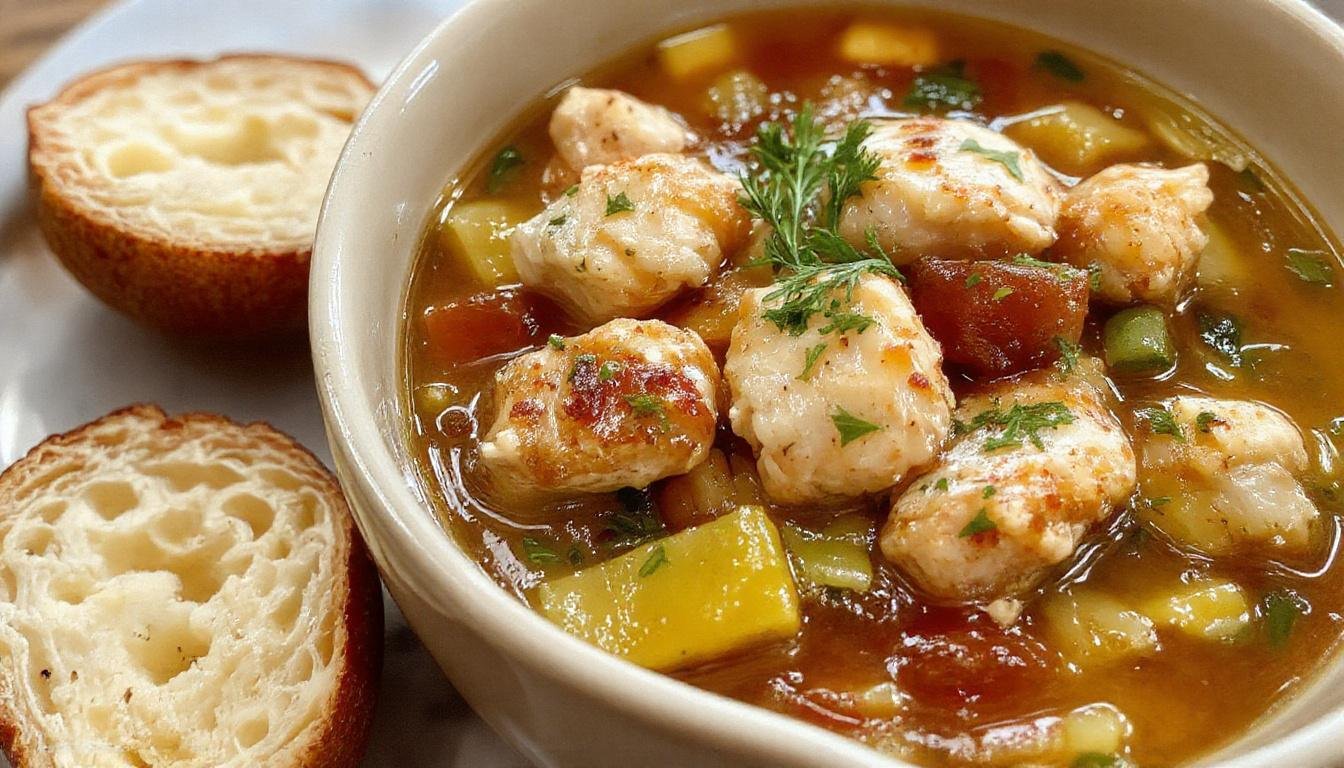 A steaming bowl of hearty chicken and vegetable stew featuring tender shredded chicken, chunks of carrots, potatoes, green beans, and peas in a rich, savory broth. The stew is garnished with fresh herbs, served in a rustic bowl on a wooden table with a side of crusty bread, highlighting warm, inviting colors and textured ingredients.