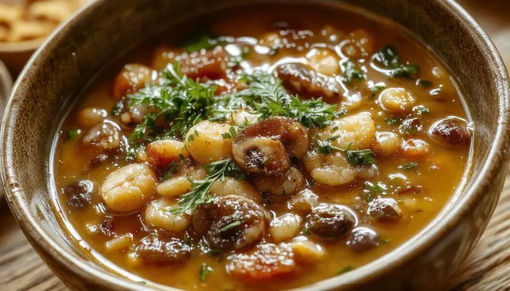 A rustic bowl of vegan lentil mushroom stew filled with tender lentils, sliced mushrooms, and chopped vegetables. The stew has a rich, thick consistency with a deep brown color, garnished with fresh herbs. The bowl sits on a wooden table, with a spoon resting beside it, evoking a warm, comforting atmosphere.