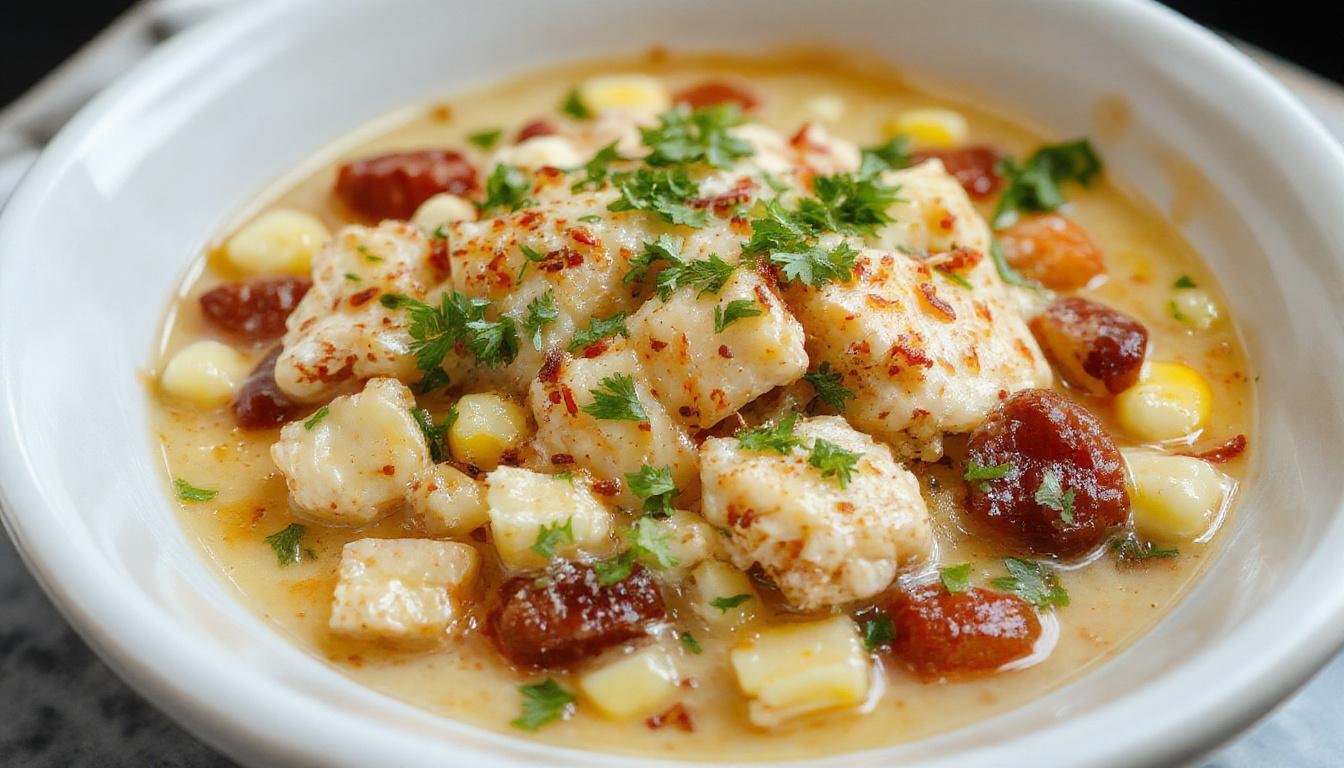 A bowl of creamy white chicken chili topped with vibrant corn kernels, fresh cilantro, and a sprinkle of cheese. The dish is served in a rustic white bowl on a wooden table, with a spoon resting beside it. The chili's smooth texture contrasts with the colorful toppings, making it look hearty and inviting.