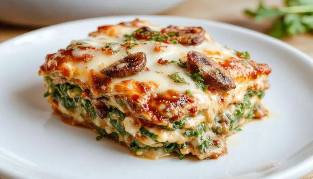 A layered spinach and mushroom lasagna served on a rustic wooden platter, showcasing golden-brown melted cheese on top, vibrant green spinach, and tender mushroom slices visible through the creamy sauce.