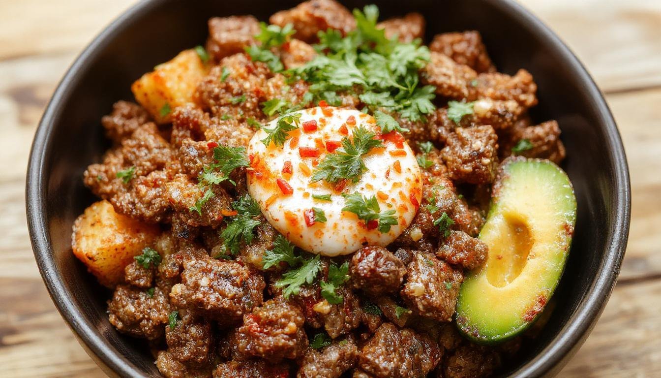 A vibrant taco bowl filled with seasoned ground beef topped with crispy potato chunks, fresh lettuce, diced tomatoes, shredded cheese, and a dollop of sour cream, arranged in a colorful ceramic dish on a rustic wooden table.