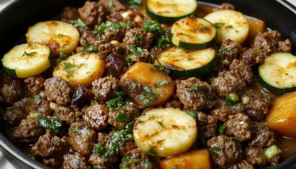 A vibrant skillet dish featuring browned ground beef intermingled with fresh zucchini slices and tender sweet potato chunks. The dish is presented in a rustic, cast-iron skillet garnished with chopped herbs, showcasing a colorful balance of green, orange, and brown tones with a hearty, wholesome texture.