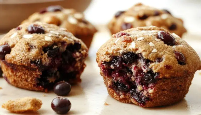 A close-up of golden-brown blueberry protein muffins arranged on a rustic wooden platter, with fresh blueberries and a dollop of Greek yogurt on top. The muffins have a slightly cracked surface revealing juicy blueberries inside, and a soft, moist crumb texture is visible on the cut muffin. Natural light highlights the muffins' inviting appearance and rich textures, creating an appealing, wholesome presentation.