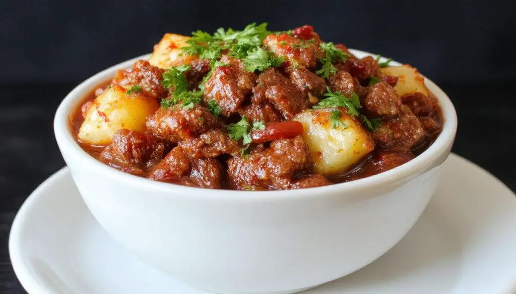 A vibrant bowl of Mexican Picadillo featuring seasoned ground beef mixed with diced potatoes, bright tomato sauce, and garnished with fresh cilantro. The dish is served in a rustic ceramic bowl with a side of warm tortillas and a sprinkle of chopped green onions, showcasing a hearty and colorful presentation with a rich, saucy texture.