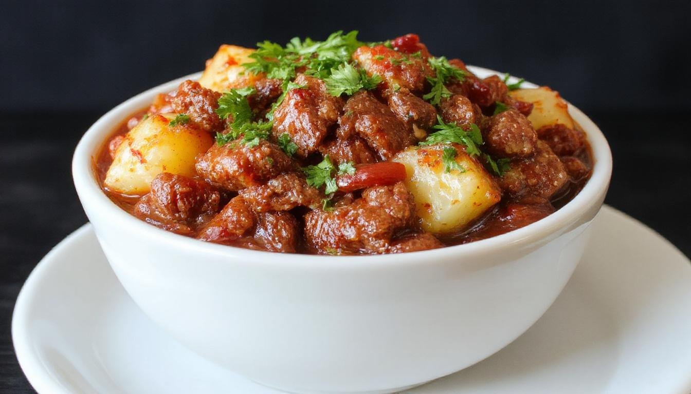 A vibrant bowl of Mexican Picadillo featuring seasoned ground beef mixed with diced potatoes, bright tomato sauce, and garnished with fresh cilantro. The dish is served in a rustic ceramic bowl with a side of warm tortillas and a sprinkle of chopped green onions, showcasing a hearty and colorful presentation with a rich, saucy texture.