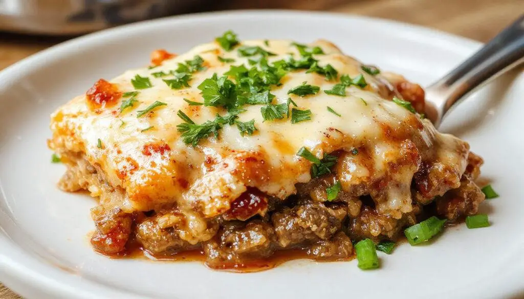 A warm, bubbling casserole dish topped with melted cheese, featuring slices of tender beef, green peppers, and onions, with a golden-brown crust on top, presented on a rustic wooden table.