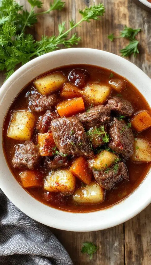 A rustic bowl of hearty red wine-braised beef stew filled with tender beef chunks, sliced potatoes, and carrots, garnished with fresh herbs.