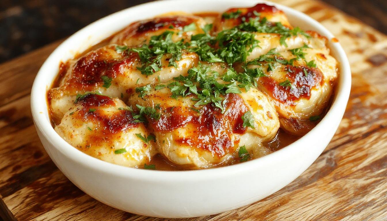 A close-up of a baking dish filled with golden-brown chicken topped with caramelized onions and melted cheese, garnished with fresh herbs, surrounded by a rustic wooden table.
