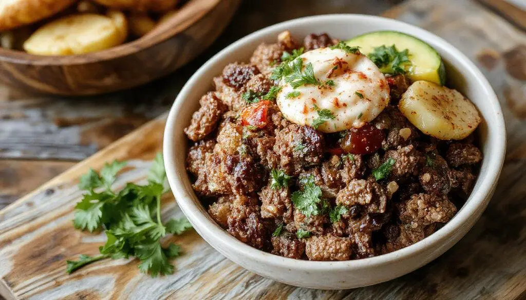 A colorful taco bowl filled with seasoned ground beef, golden diced potatoes, shredded lettuce, cherry tomatoes, grated cheese, and a dollop of sour cream, all arranged in a rustic ceramic bowl on a wooden surface with fresh herbs sprinkled on top.