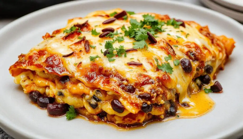 A layered casserole dish featuring vibrant orange sweet potato slices, black beans, and melted cheese topped with a drizzle of red enchilada sauce, garnished with fresh cilantro. The dish is presented in a rustic ceramic baking dish with steam rising, highlighting the textures of the ingredients and colorful presentation.
