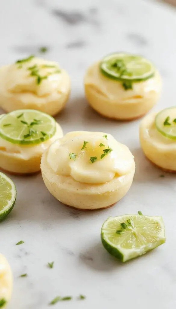 Miniature key lime pies with vibrant green lime filling topped with whipped cream and lime zest, presented on a rustic white plate with a golden crust edge, garnished with fresh lime slices and a sprig of mint. The photograph showcases the creamy texture of the lime filling contrasted with the crisp crust and the bright, inviting colors.