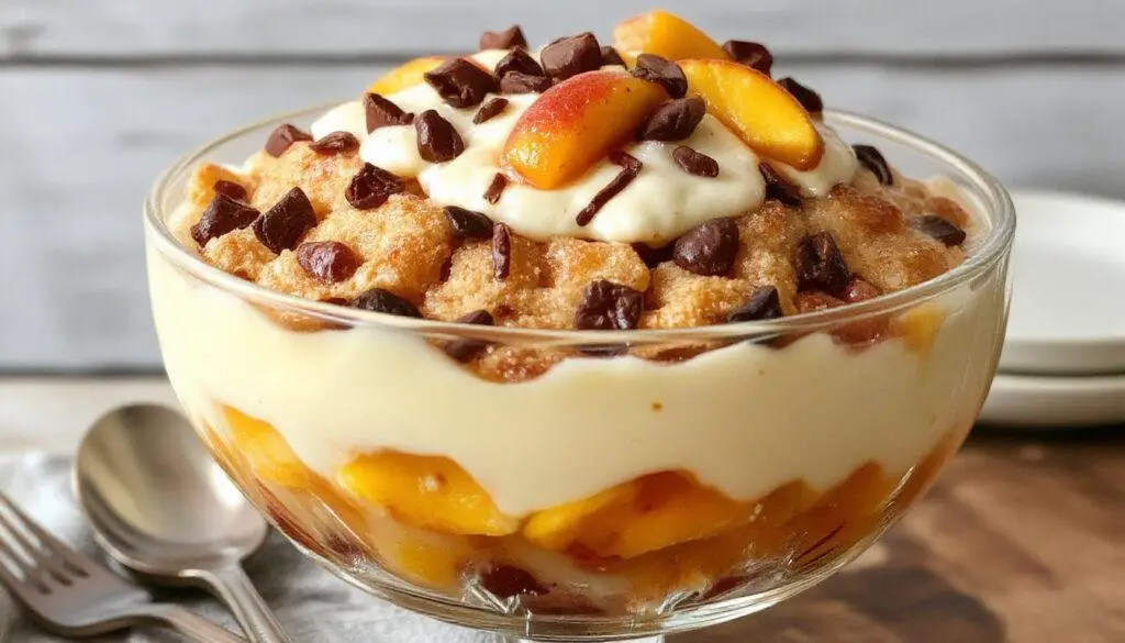 A layered peach cobbler trifle in a clear glass, showcasing ripe peach slices, golden cobbler topping, and smooth vanilla pudding, topped with whipped cream and a sprig of mint.