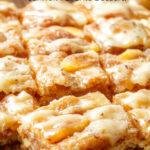 A close-up of square peach bars with golden-brown crust, vibrant peach filling, and a light dusting of powdered sugar on top, arranged on a rustic ceramic plate.