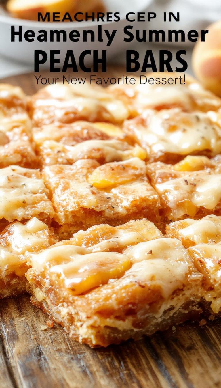 A close-up of square peach bars with golden-brown crust, vibrant peach filling, and a light dusting of powdered sugar on top, arranged on a rustic ceramic plate.
