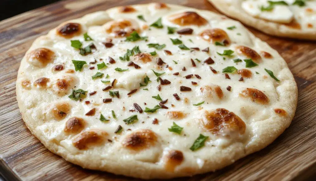A close-up of a golden-brown flatbread topped with fresh herbs and a drizzle of olive oil, revealing a soft interior and crispy edges, presented on a rustic wooden board.