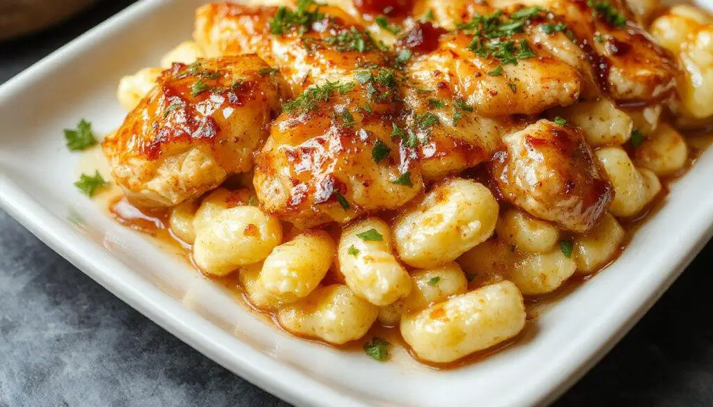 A plated serving of high-protein honey garlic butter chicken featuring tender chicken pieces glazed with a glossy honey garlic sauce, garnished with chopped herbs, accompanied by a creamy, cheesy macaroni and cheese in a rustic bowl. The dish is presented on a wooden table with a sprig of fresh parsley for garnish, highlighting vibrant golden-brown chicken and rich cheesy pasta textures.