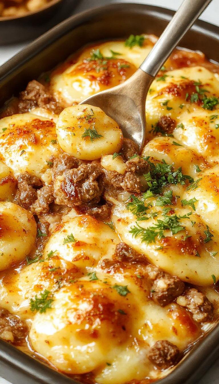 A hearty Hobo Casserole with layers of seasoned ground beef, sliced potatoes, and melted cheese in a rustic baking dish.