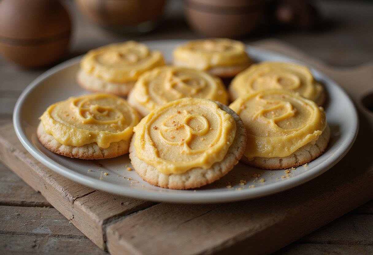 Final presentation of Hogsmeade Butterbeer Cookies with Golden Buttercream Icing, artistically displayed on a rustic wooden table, perfect for enjoying a magical treat.