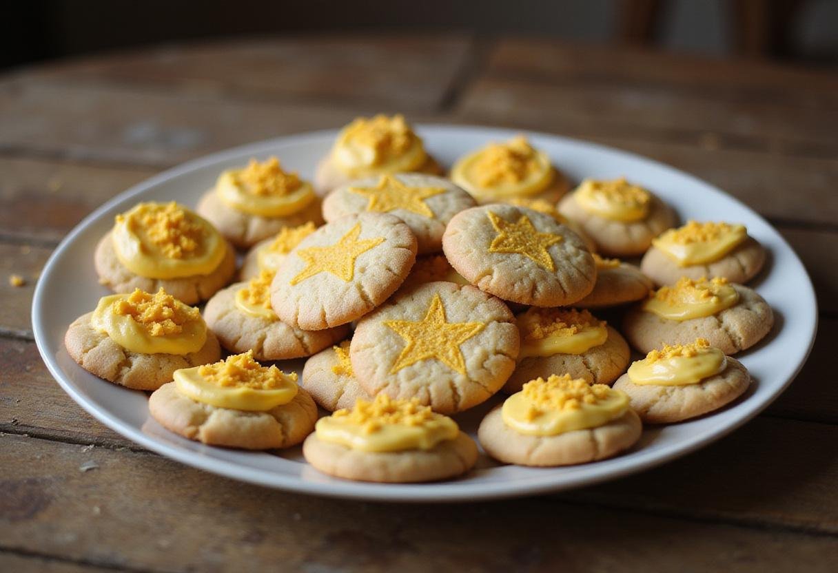 Final presentation of Hogsmeade Butterbeer Cookies with Golden Buttercream Icing, artistically displayed on a rustic wooden table, perfect for enjoying a magical treat.