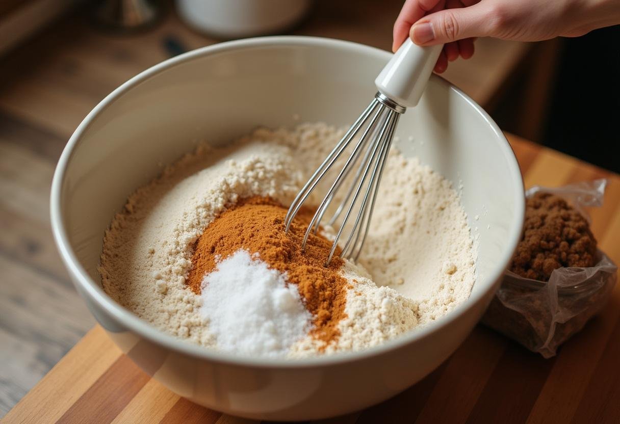 Making Hogsmeade Butterbeer Cookies with Golden Buttercream Icing by mixing dry ingredients in a cozy kitchen with brown sugar and butter nearby.