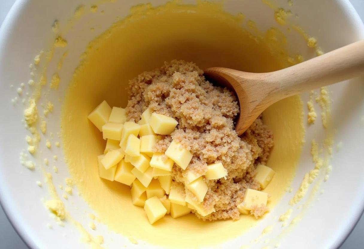 Creaming together butter and brown sugar for Hogsmeade Butterbeer Cookies with Golden Buttercream Icing in a large mixing bowl, ready for the next steps.