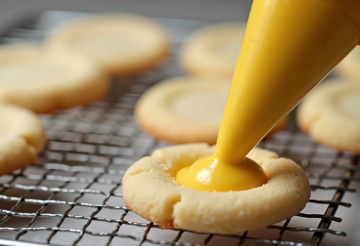 Cooling freshly baked Hogsmeade Butterbeer Cookies with Golden Buttercream Icing on a wire rack, with an icing bag awaiting decoration for a delicious finish.