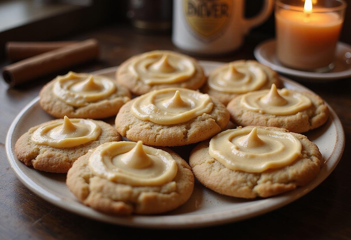 Platter of Hogsmeade Butterbeer Cookies with Spiced Buttercream Icing, beautifully decorated and perfect for any magical gathering.