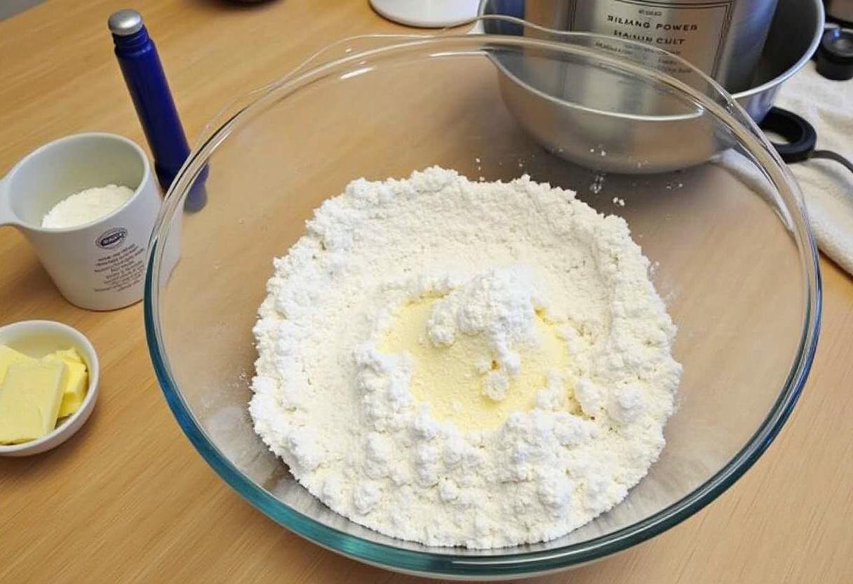 Mixing dry ingredients for Hogsmeade Butterbeer Cookies with Spiced Buttercream Icing, featuring flour, sugar, and baking powder.