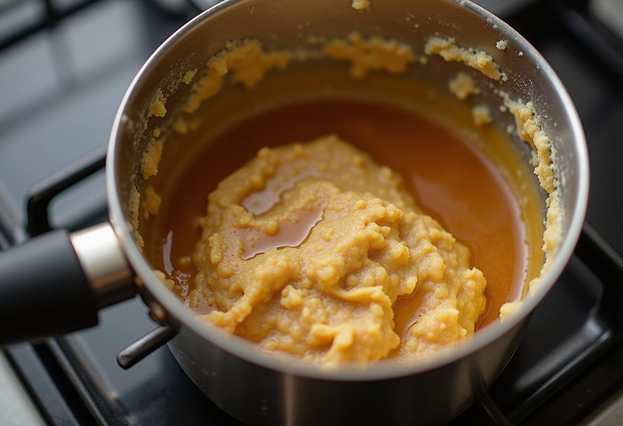 Melting butter and butterscotch syrup in a saucepan for Hogsmeade Butterbeer Cookies, a key step for enhancing flavor.