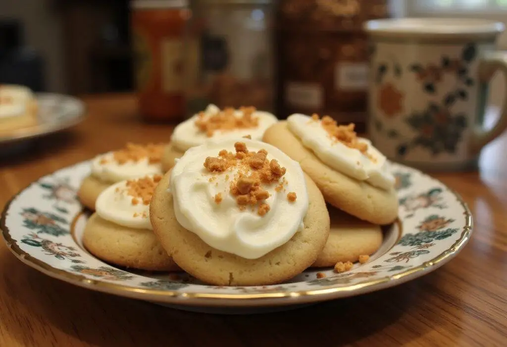 Delicious Hogsmeade Butterbeer Cookies with Toffee Buttercream Icing displayed on a plate, highlighting the magical essence of the wizarding world.