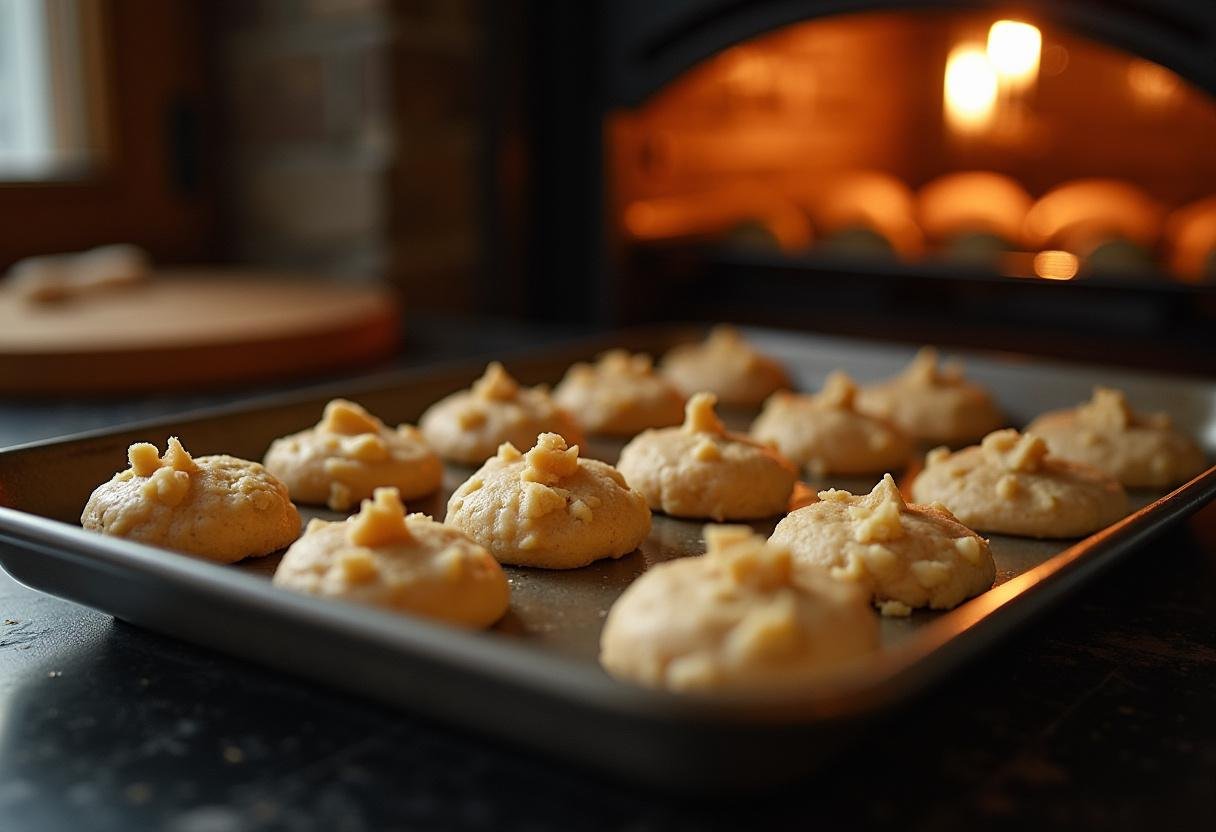 Baking process of Hogsmeade Butterbeer Cookies with Toffee Buttercream Icing: preparing cookie dough on a tray in a warm kitchen setting.