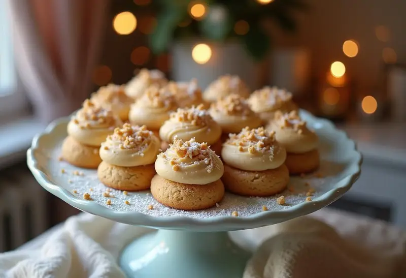 Final touch for Hogsmeade Butterbeer Cookies with Toffee Buttercream Icing: showcasing cookies with toffee buttercream in a charming kitchen ambiance.