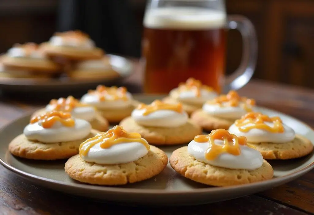 Final presentation of Hogsmeade Pub-Style Butterbeer Cookies with rich white buttercream, an inviting dessert spread on a rustic rustic table.